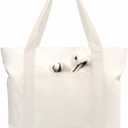 TOPDesign 1-Pack Canvas Tote Bag with an External Pocket, Reusable Grocery Shopping Bag, Top Zipper Closure, Daily Essentials (Natural)