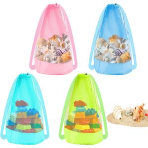 4pcs Beach Toy Bags, 21.65x14.37in Large Capacity Mesh Pool Sand Shell Toy Bags Drawstring Closure Practical Seashell Collecting Storage Backpack for Holding Towels Beach Essentials