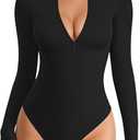 Long Sleeve Body Suit Mock Turtle Neck Zip Up Bodysuit for Women Ribbed Deep V Sexy Bodysuit Shirts, M