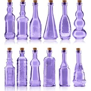 Small Mini Purple Vintage Glass Bottles with Corks, Mini Vases, Decorative Glass Bottle, Potion Bottles, Assorted Design Set of 12 pcs, 4.6 Inch Tall (11.43cm), 1.4 Inch Wide (3.56cm)