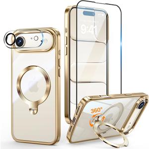 [Tri-Shield Protection] for iPhone Air Case with 360 Spin Stand Compatible with MagSafe [Magnetic CD Ring] [Screen & Camera Lens Protector] Shockproof Plating Never-Yellowing, Gold-6.5"