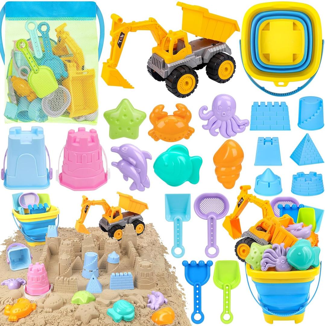 Beach Toys, Sand Toys for Kids Boys and Girls with 2 in 1 Construction Vehicles, Collapsible  Sand Castle Building kit, Sand Molds, Mesh Bag, Outdoor Toys for Kids Ages 4-8