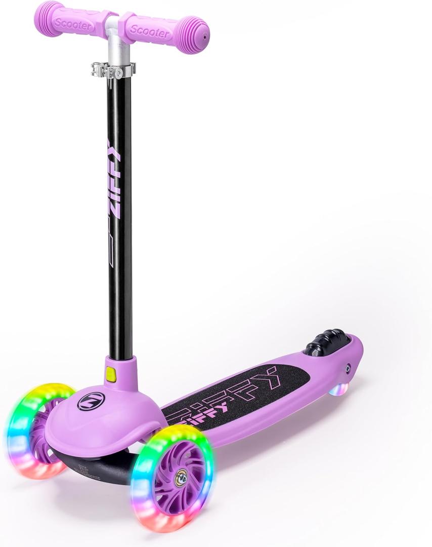 ZIFFY Multicolor 3 Wheel Scooter for Kids 3-5, Toddler Kick Scooters with LED Light-Up Wheels for Boys and Girls, 5 Adjustable Height and Lean-to-Steer Design, Support up to 110 lbs by JOVA (Purple)
