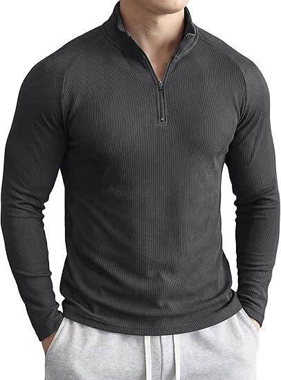 JMIERR Mens Quarter Zip Shirt Slim Fit Ribbed Soft Athletic Pullover Casual Long Sleeve Workout Shirt Muscle Fit Gym Top (Carbon Grey, Large)
