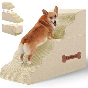 5-Step Spliceable Pet Stairs: Indoor& Outdoor Multi-Use with a Removable Cover and a Pocket, Best for Small Pets and Older Dogs Who Has Spine and Arthritis Issues to Get on High Beds, Beige22.8" H