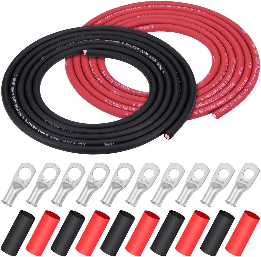 iGreely 6 Gauge 6 AWG Wire 10 Feet Black + 10 Feet Red Ultra Flexible Welding Battery Pure Copper Cable + 5pcs of 5/16" & 5pcs 3/8" Copper Cable Lug Terminal Connectors+Heat Shrink Tubing (6awg 20 Ft)