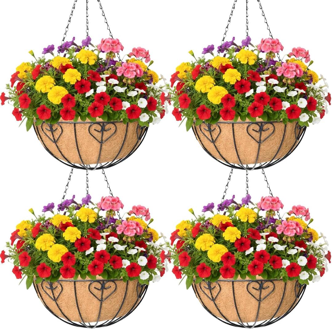 4 Pack 16 Inch Hanging Planters for Outdoor Plants, Metal Hanging Basket with Coco Coir Liner, Black, Modern