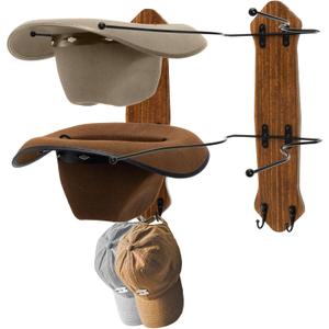 Set of 2 Cowboy Hat Rack for Wall, Rustic Western Metal Cowboy Hat Holder Hanger with Solid Wood Board, Holds Up to 4 Hats And 8 Baseball Caps, Cowboys Sun Hats Organizer for Wall Decor