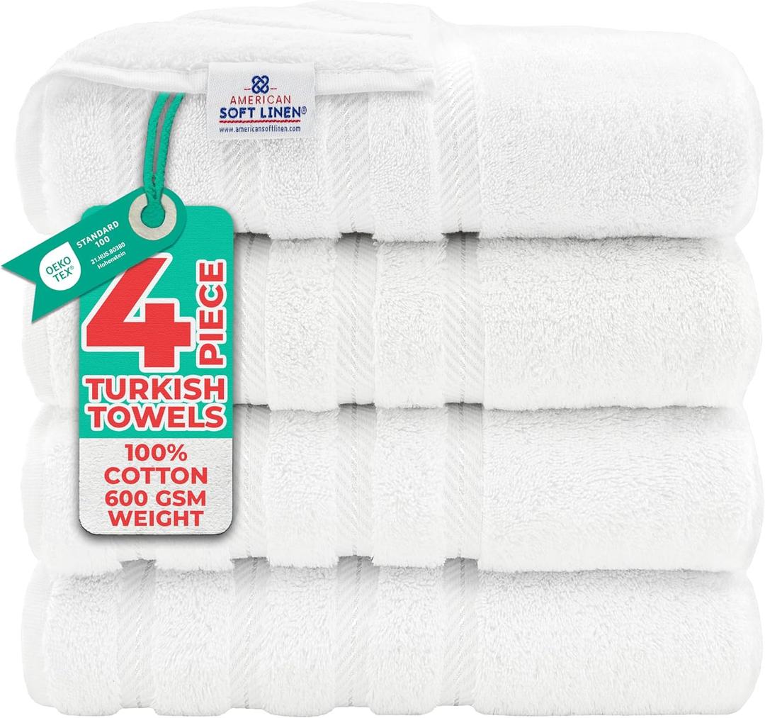 American Soft Linen Luxury 4 Piece Bath Towel Set, 600 GSM 100% Cotton Turkish Bath Towels for Bathroom, 27x54 in Extra Large Bathroom Shower Towels, White