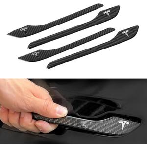 4PCS Door Handle Cover Compatible with Tesla Model 3 (2019-2025) Highland Model Y (2020-2026) Juniper Real Carbon Fiber 3D Sticker Wrap Covers Exterior Trim Door Sill Protector Accessories (Black)