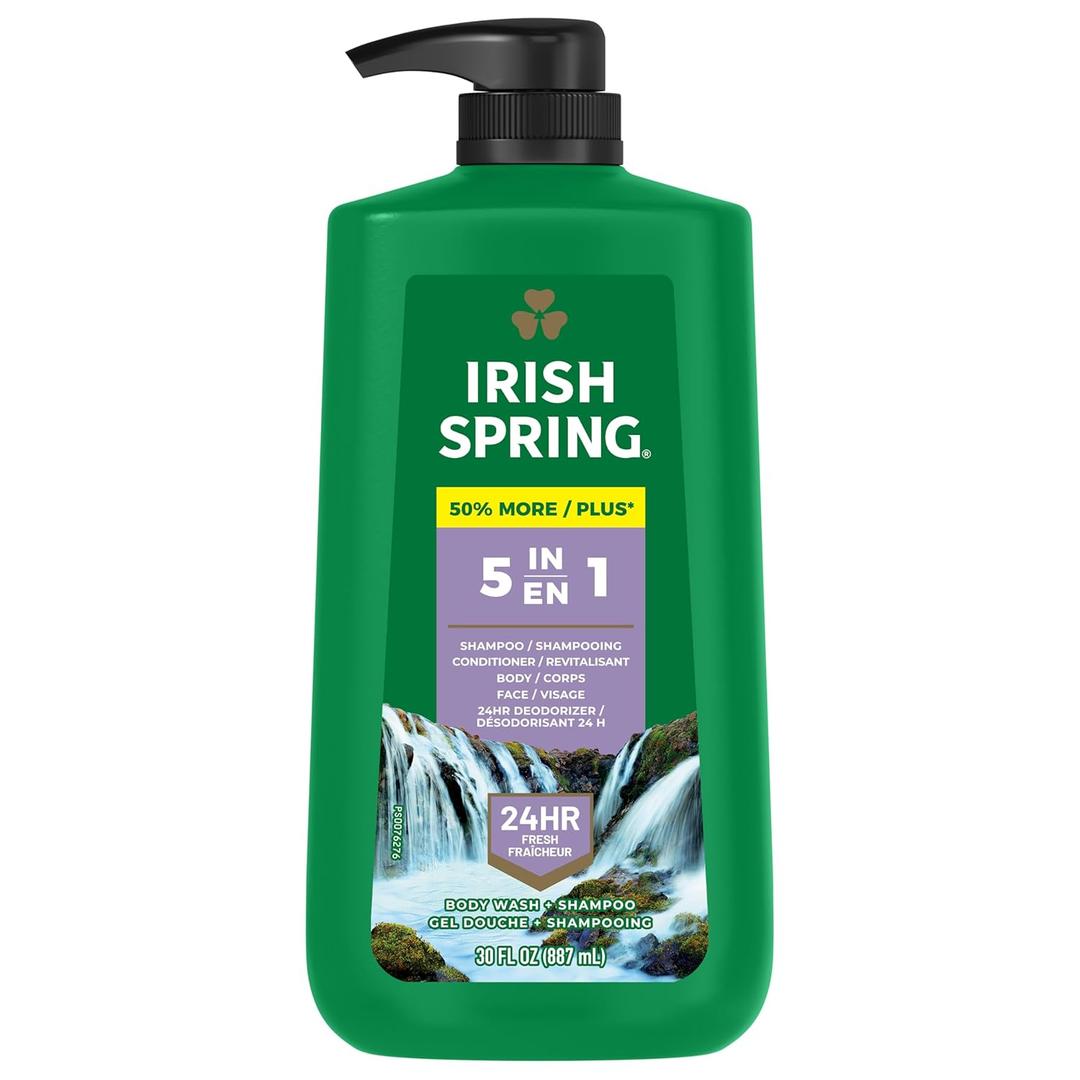 Irish Spring 5 in 1 Body Wash for Men, Men's Body Wash, Smell Fresh and Clean for 24 Hours, Conditions and Cleans Body, Face, and Hair, Made with Biodegradable Ingredients, 30 Oz Pump (30 Fl Oz (Pack of 1))