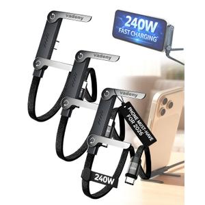 240w Stand Data Cable,Flat Phone Charger,Invisible Stand Type C Charger,USB C Fast Charging Sideways Charge Cord for iPhone,Samsung,Android,Built in Holder,Braided Foldable 90 Degree Right Angle,5ft