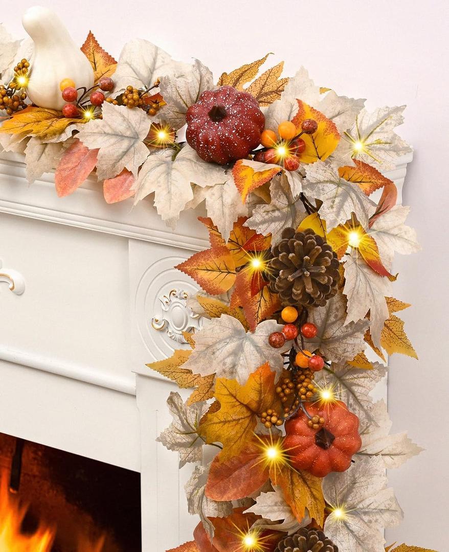 Yastouay 5.9Ft Fall Garland for Mantle, Fall Leaves Garland with Lights, Lifelike Pumpkins Pinecones Berries Maple Leaves for Home Table Party Outdoor Thanksgiving Decor