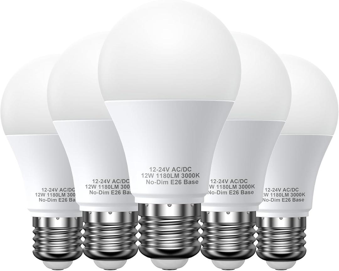 12V LED Light Bulbs, 12W 1050LM Warm White 3000K, 80W Equivalent 12-24Volt Low Voltage E26 Base AC/DC Light Bulbs for Off Grid Solar Lighting Marine Boat, A19 RV Light Bulbs Landscape Garden Yard