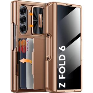Vizvera for Galaxy Z Fold 6 Case Wallet,RFID Cards Holder [S Pen Holder][Privacy Screen Protector][Camera Cover] Shockproof Silicone Protective Phone Case for Z Fold 6 2024-Desert Gold