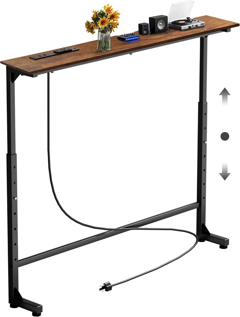 Keelian 45 inch Narrow Console Table with Outlet,Adjustable Height(25"-37") Behind Sofa Table,Couch Behind Table Skinny,Couch Shelf with Charging Station,Long Entryway Tables for Living Room,Brown