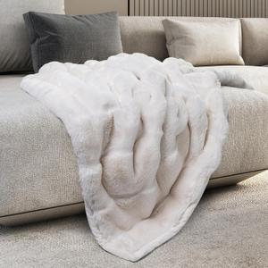 Mon Chateau 60" x 70" Hearthside Faux Fur Throw Blanket, Reversible Soft Blanket for Queen-Size Bed, Couch, or Sofa, Cozy Home Decor and Stylish Living Room Comfort, Winter Cream