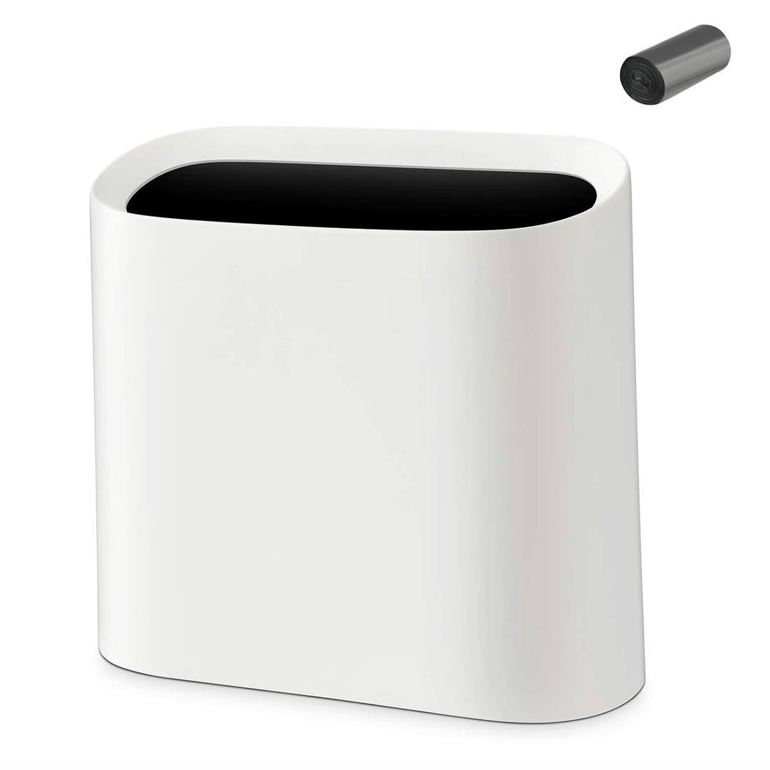 SUBEKYU 2.3 Gal Trash Can for Bathroom,Small Office Garbage Can for Kitchen,Slim Rectangular Waste Bin,Plastic,White