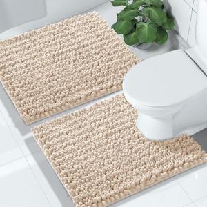 Yimobra Bathroom Rugs Sets 2 Piece, Extra Soft Thick Chenille Bath Mat and U-Shaped Toilet Rug, Non-Slip Absorbent Water Shower Rug Carpet for Bathroom Floor, Machine Washable, 24x17+24x20, Beige