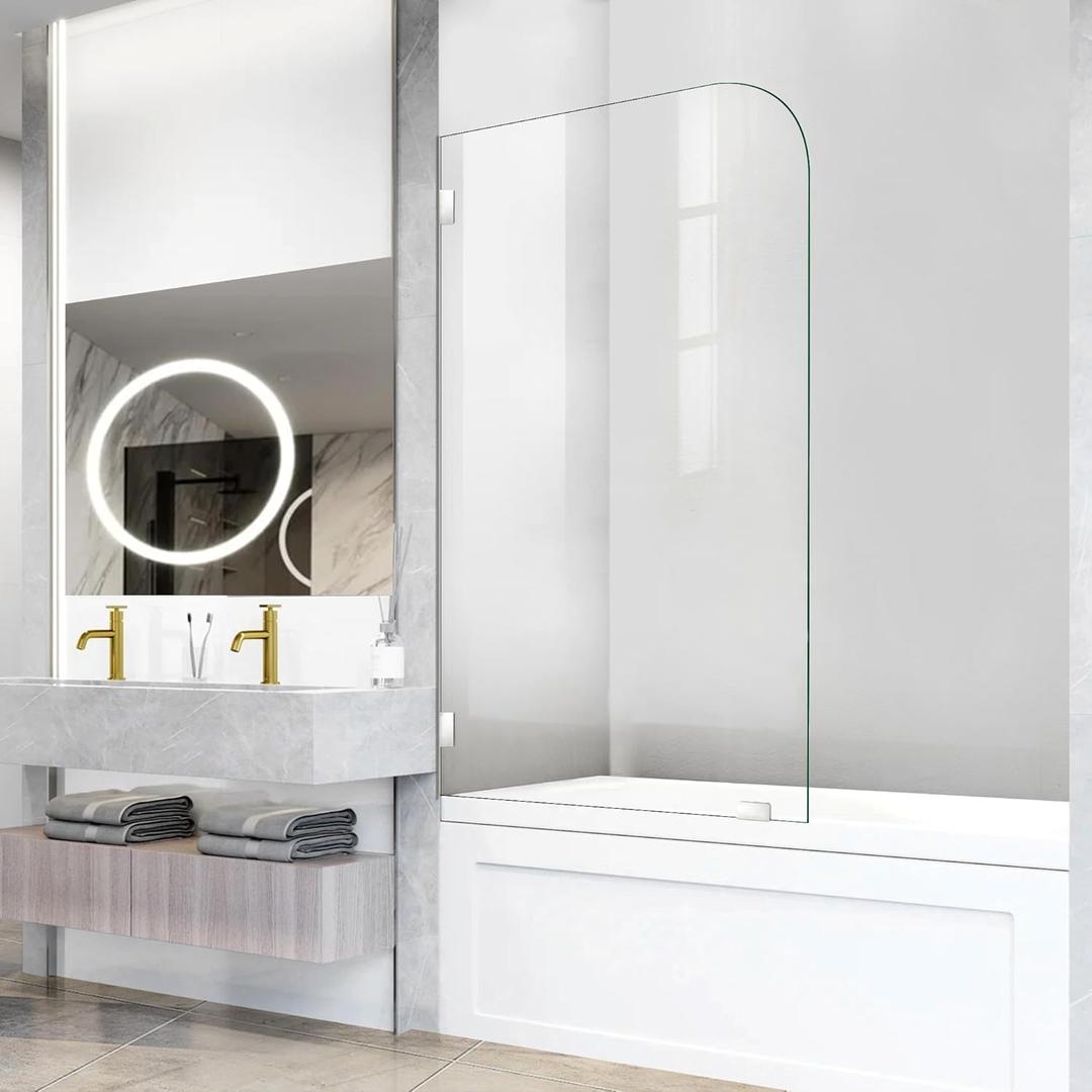 Bathtub Shower Door, 30" W X 58" H Fixed Tub Glass Panel with Clamps, 1/4"(6mm) Clear Tempered Frameless Shower Glass Door, Tub Shower Doors in Polished Chrome Finish (Silver)