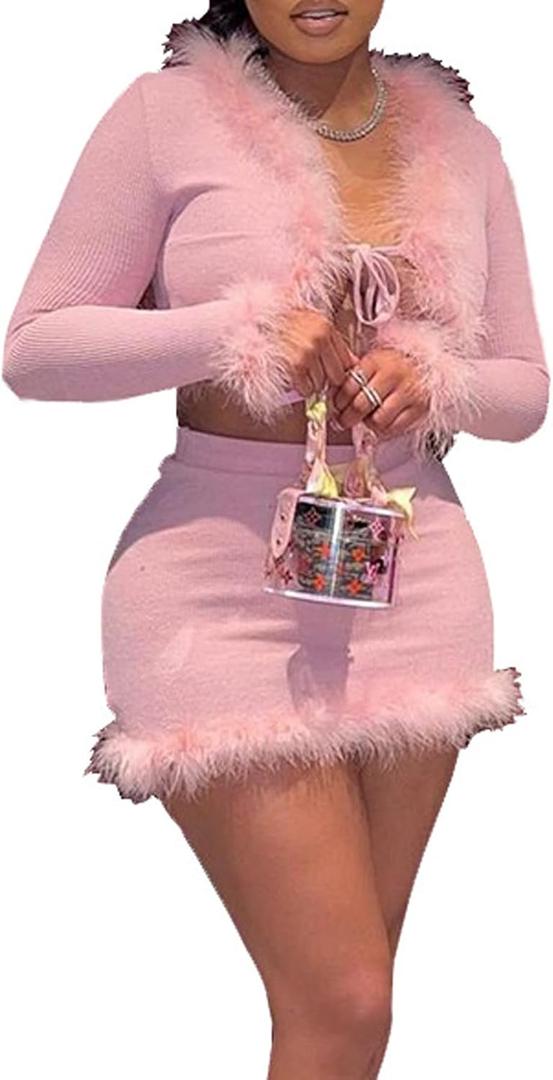 Women Sexy 2 Piece Outfits Rave Tie-up Feather Trim Fur Long Sleeve Cardigan Deep V Blouse (Large, Pink)