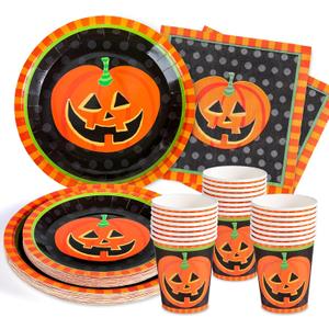 Whaline 96Pcs Halloween Party Dinnerware Set Orange Black Pumpkin Themed Paper Plates Cups Napkins Halloween Disposable Tableware Supplies for Spooky Themed Birthday Party, Serves 24 Guests