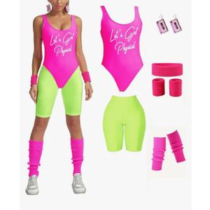 MIAIULIA Womens 80s Workout Costume Outfit 80s Accessories Set Leotard Neon Legging Headband Wristbands Set, Small