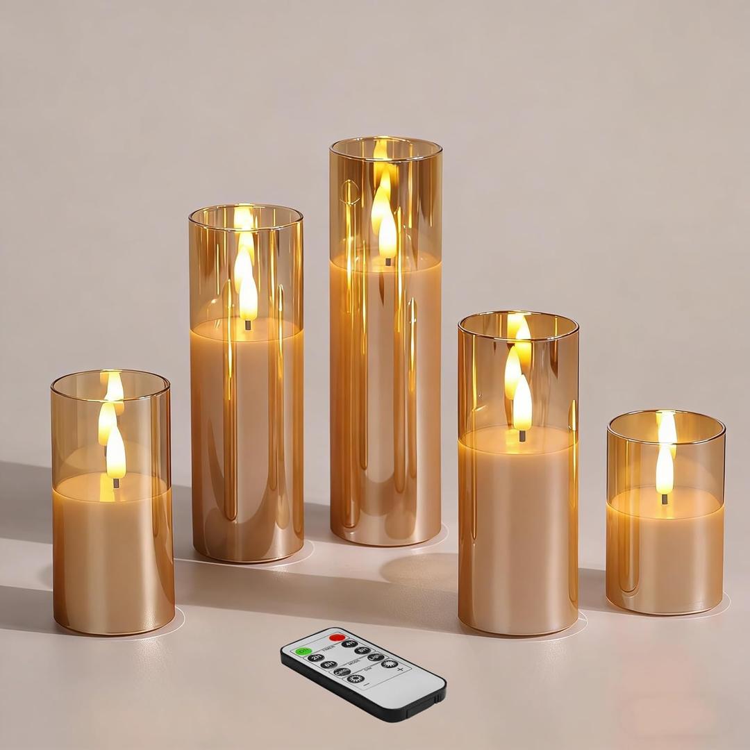 Gold Glass Flameless Candles with Remote Batteries, Flickering Slim LED Pillar Candles Home Table Decor Set of 5