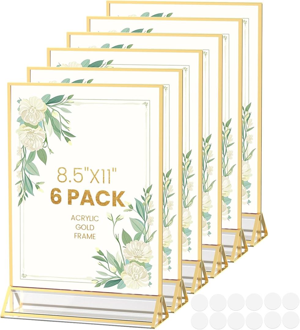 Acrylic Sign Holder 8.5X11 Gold Frames Double-Sided Gold Picture Frames for Flyer Holder Menu Holder Wedding Table Number Holder Christmas Photo Frame with Removable Sticky Dots -6 Pack