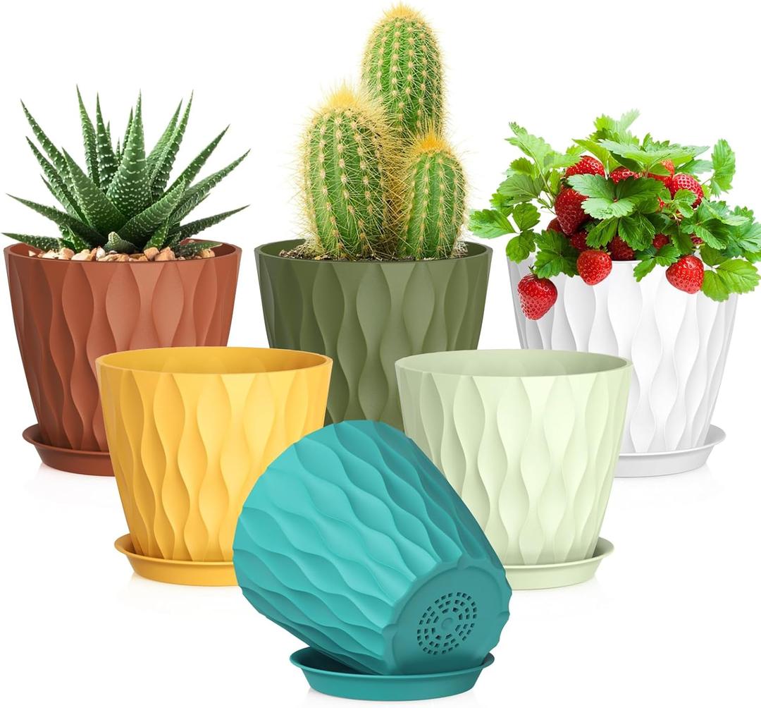 5 inch Plant Pots for Indoor Outdoor Plants, 6 Pack Thick Nursery Pots with Drainage Holes and Saucers, 3D Modern Wave Texture Small Plastic Planter Flower Pots, Multicolor (Colorful)