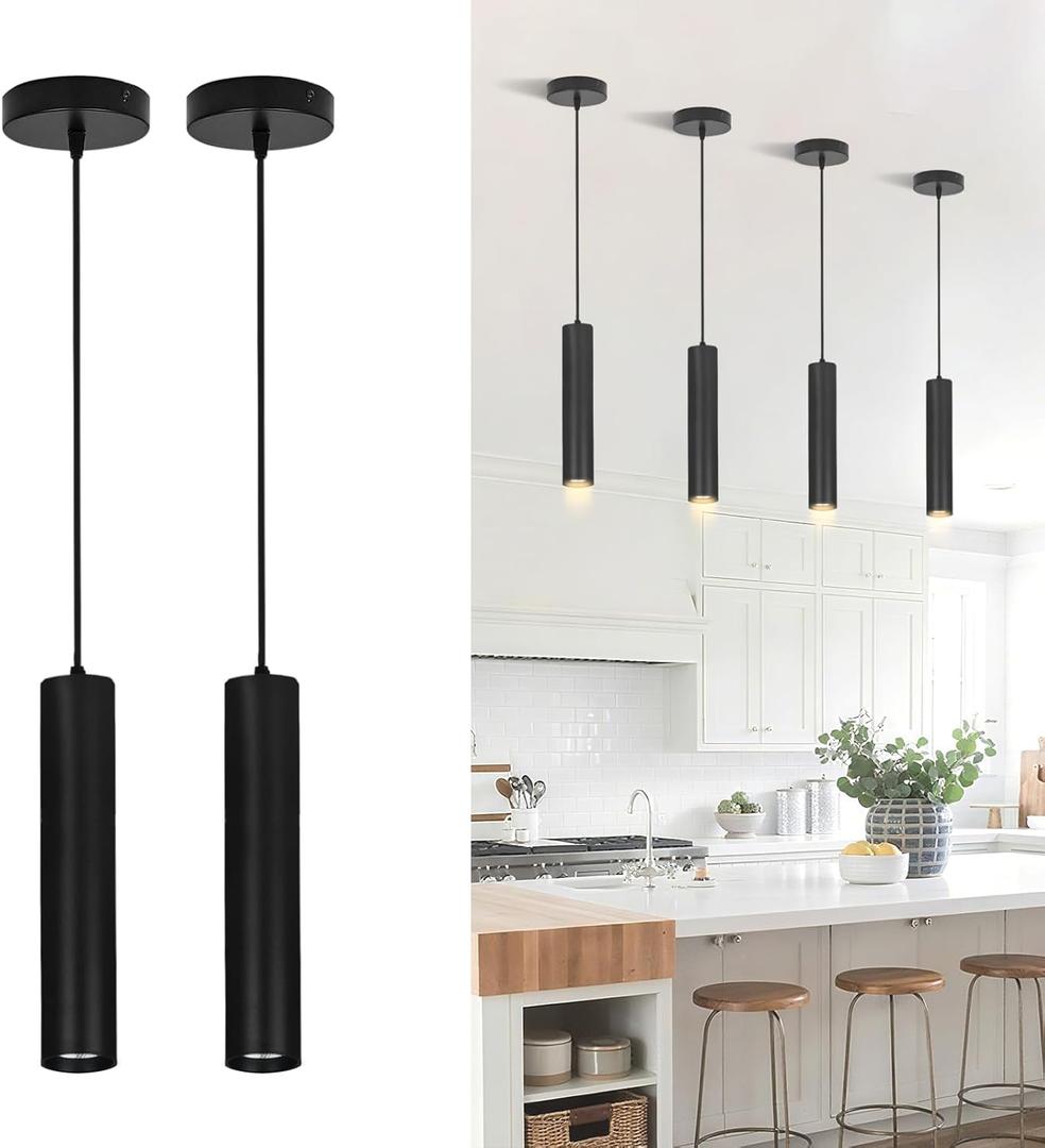 Modern Black Pendant Lights 2 Pack, LED Minimalist Pendant Lighting Fixture for Kitchen Island, Long Tube Hanging Light Cord Adjustable for Living Room Bedroom Dining Room Bar