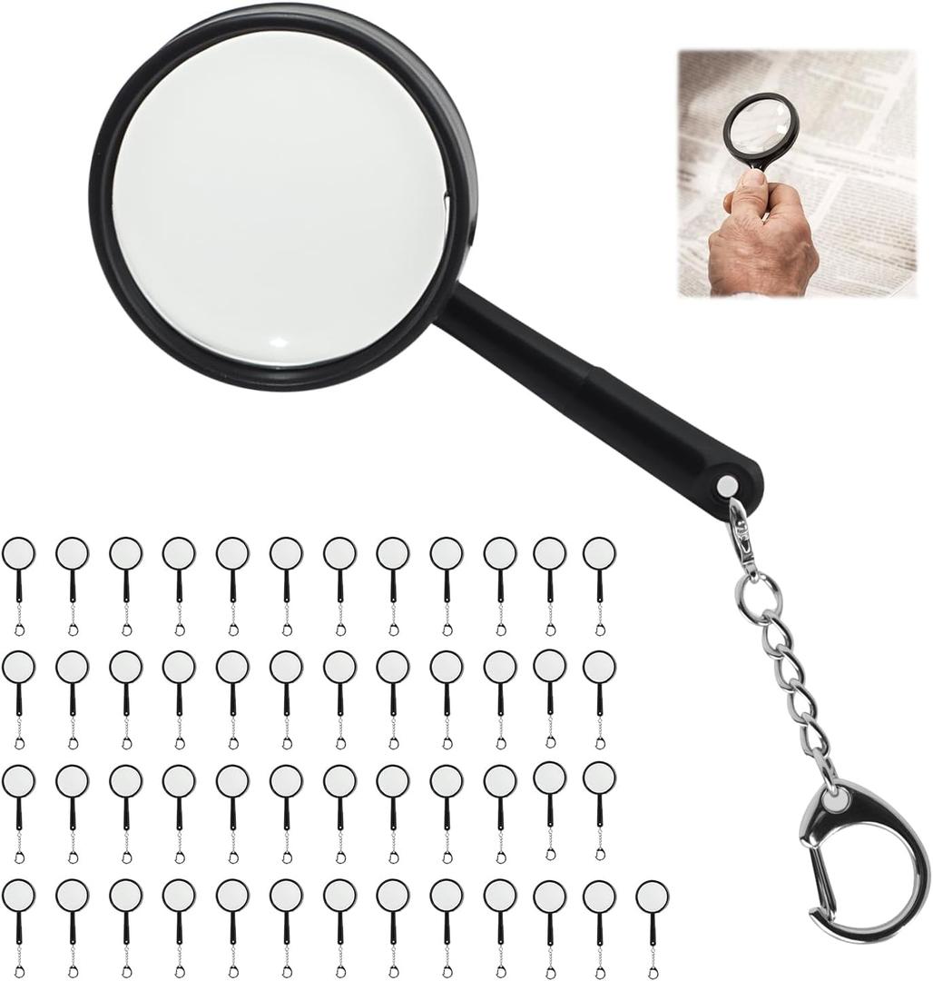 50 Pack Mini Black Magnifying Glasses with Keychain, Small Handheld Magnifiers for Jewelry, Reading, Maps, Crafts, Outdoor Observation, Travel Accessories, and Bulk Event Supplies