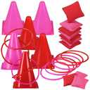 PullCrease 30 Pcs 3 in 1 Carnival Games Set Ring Toss Valentines Day Games for Kids Soft Plastic Cones Bean Bags Combo Set for Indoor Outdoor Party Supplies