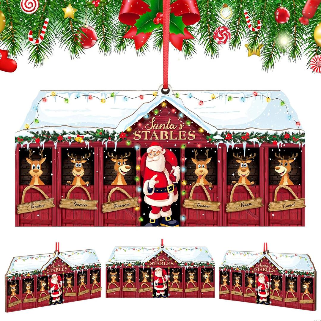 2 x Roowest 2 Pcs Christmas Tree Ornaments 2025 Wooden Reindeer Stable Hanging Decor Farmhouse Christmas Deer Tree Decor Rustic Xmas Santa Holiday Party Gift for Fireplace Wall Door (Red,Snata)