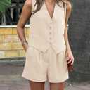 2 x PRETTYGARDEN Women Summer 2 Piece Outfits V Neck Sleeveless Button Down Vest Shorts Sets Business Work Matching Set 2026 (Beige, XXL)