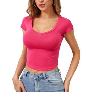 OFSOAK Womens Crop Tops V Neck Short Sleeve Summer Basic Tees Fitted Plain Soft T Shirts Trendy Going Out Y2K Tops, Pink, Medium