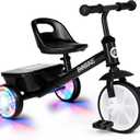 Bobike Toddler Tricycle for Ages 2-5 Years, Tricycle with 2 LED Light Wheels, Toddler Bike with 3-Position Seat and Rear Basket, Kids Bike Gift for Boys & Girl (Black)