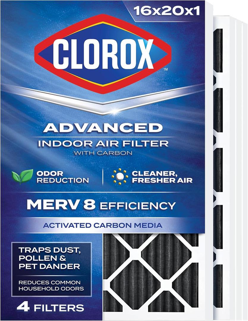 Clorox 16x20x1 Air Filter, MERV 8 with Carbon, Reduces Pet Smells, Cooking Smells and More, Pleated HVAC AC Furnace Filter, 4-Pack (Actual Size 15.75 x 19.75 x 0.75), Made in USA
