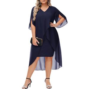 Hanna Nikole Womens Plus Size Chiffon Cocktail Dress Ruffle 3/4 Sleeve Wedding Guest Party Dresses with High Low Hem (Navy Blue)
