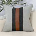 Yangest Patchwork Pillow Cover 20x20 Inch Luxury Cotton and Linen Cushion Cover Faux Leather Pillowcover for Couch Bedroom Living Room, Gray