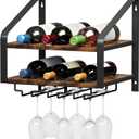 Wall Mounted Wine Rack for 6 Wine Bottles and 6 Glass Holder, 2-Tier Wall Wine Rack, Wood Wine Racks for Wall, Wood-Metal Wine Bottle Holder for Home Bar, Wine Kitchen Storage (Brown Black)