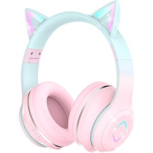 Bluetooth Kids Headphones,Cat Ear LED Light Up Kids Wireless Headphones, Bluetooth 5.1&Stereo Sound, Foldable, Adjustable Headband, Children Headphone with Microphone for School/Tablet (Pink)
