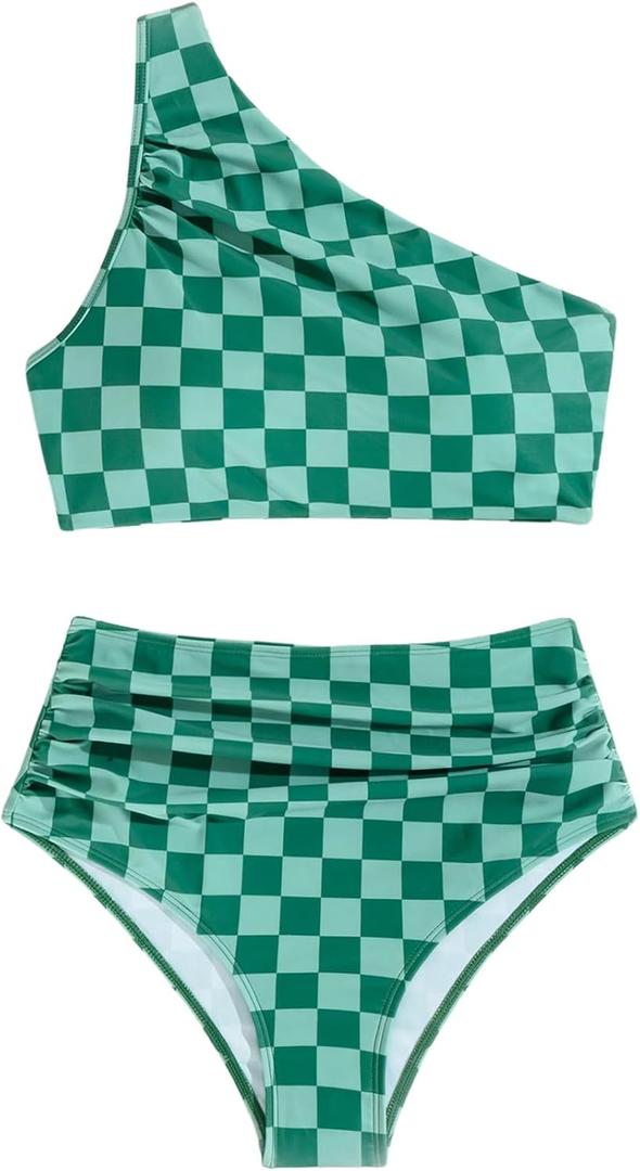 SOLY HUX Women's Plaid Bathing Suit Checkered Print One Shoulder Ruched High Waisted Bikini Set Two Piece Swimsuit (Large)