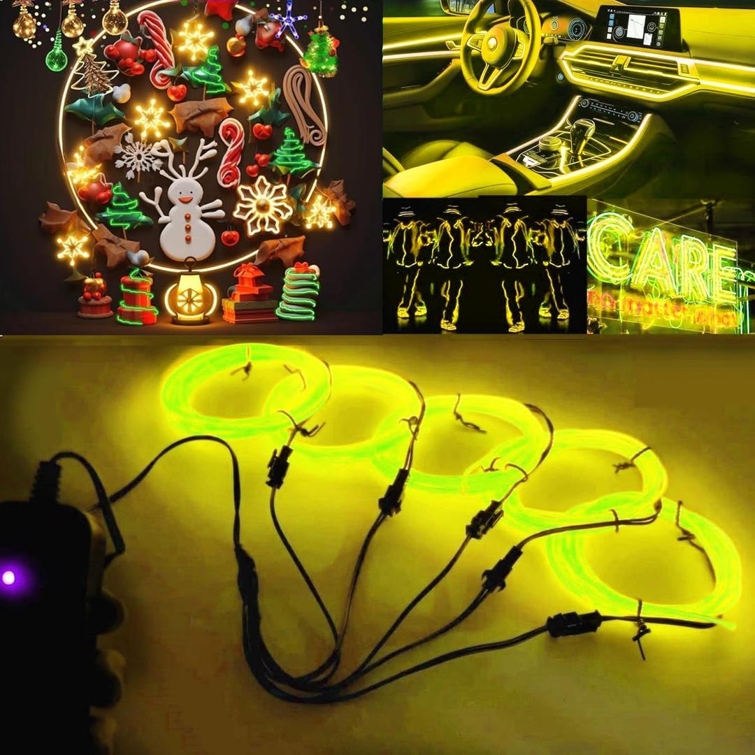 Ourbest EL Wire Lights Battery Powered, Wearable Led Wire Lights 5in1 neon String Light,DIY neon Sign kit Stay/Slow/Fast Flash Party Decoration 2M Yellow