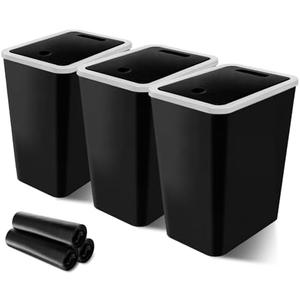Kifmurase 3 Pack Small Trash Can, 3 Gallons Bathroom Garbage Can with Lid Press-Top, Plastic Waste Basket with Trash Bags, Garbage Bin for Dorm, Office, Bedroom, Kitchen, Living Room (Black)
