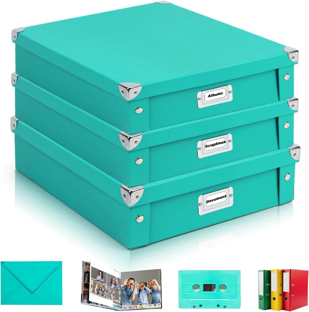 3 Pack 12"x12" Scrapbook Storage Box with Lid Fold Jumbo Photo Storage Box Teal Green Document Organizer Boxes Archival Storage Boxes Photo Storage Ideas For Memory Album Keepsake 14.5"x 12.8" x 3.5"