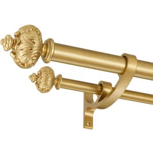 Heavy Duty Double Curtain Rod with Palm Leaves Finials and Aluminum Bouquet Brackets,Double Curtain Rods for Windows 140 to 164 Inches,1 Inch Front, 5/8 Inch Back Double Rods,Gold
