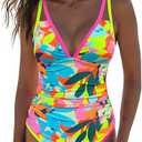 popvil Women's One Piece 2025 Tummy Control Swimsuits Neon Color Block Swimwear Deep V Neck Slimming Bathing Suit (Large, Blue Floral)