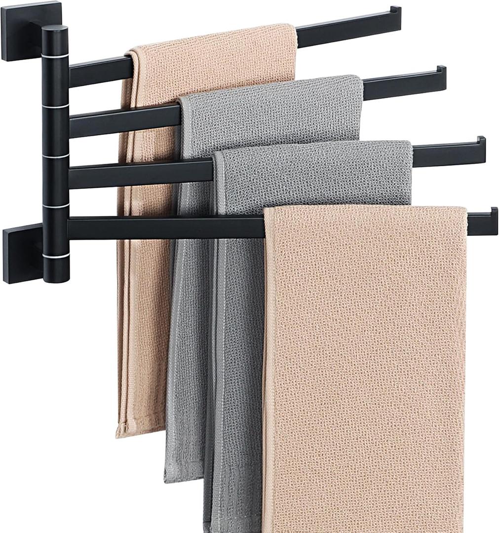 Alise Swivel Towel Rack, 4-Arm Towel Bar, Space Saving Towel Rack Wall Mount Drying Towel Holder, Swing Out Towel Holder for Bathroom Kitchen Toilet, Square SUS304 Stainless Steel, Matte Black