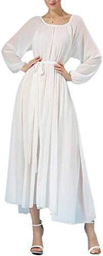 BUENOS NINOS Women's Long Sleeve Crew Neck Loose Chiffon Long Maxi Dress with Belt, Small